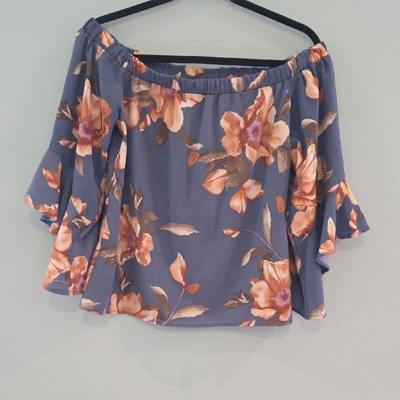VENUS Blue With Floral Design Flutter Sleeve Off-The-Shoulder Blouse Size 8 - Picture 6 of 10